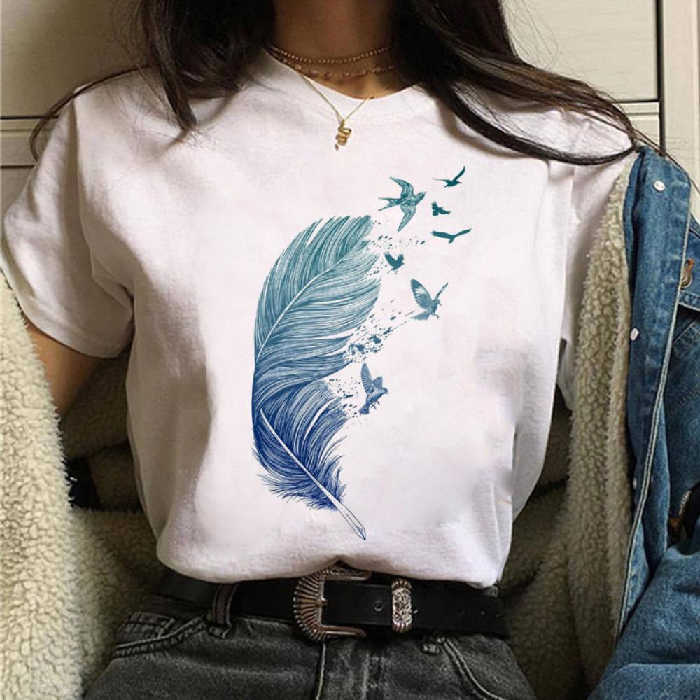 1pc Womens Tshirt Watercolor Feathers Tshirt Loose Creative Feathers Tshirt Durable Casual Tshirt Daily Travel Streetwear S