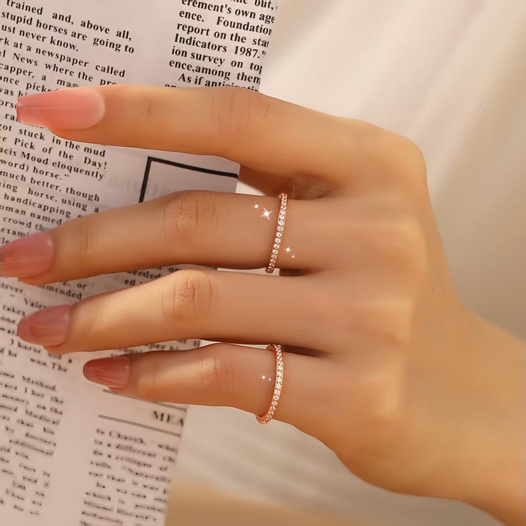 Bamoer 925 Silver Simple Gold Plated Finger Ring Full Zircons for Women Dazzling Stacking Rings Jewelry Party Gift