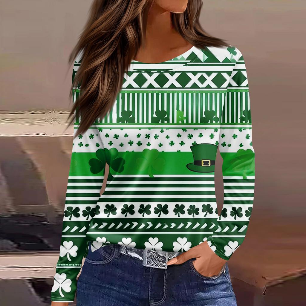 T-shirt décontracté à manches longues et col rond pour femme, haut ample et imprimé avec ourlet fendu
