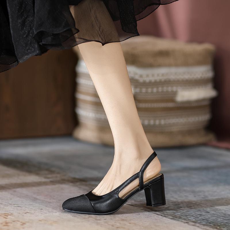 In Stock French Coco Style Soft Leather Color Block Low Cut Sandals - Women's Spring Mid and Thick Flat Heels