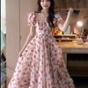 LC French sweet floral off-the-shoulder square collar dress for women's summer new gentle temperament medium and long