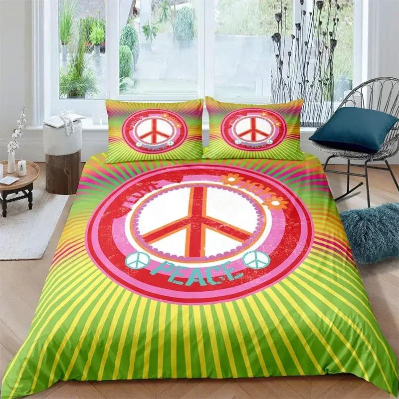 3D Hippie Peace Symbol Colorful Pattern Chic Exotic Flower Comfortable Duvet Cover Pillowcase Bedding Set Children Home Textile
