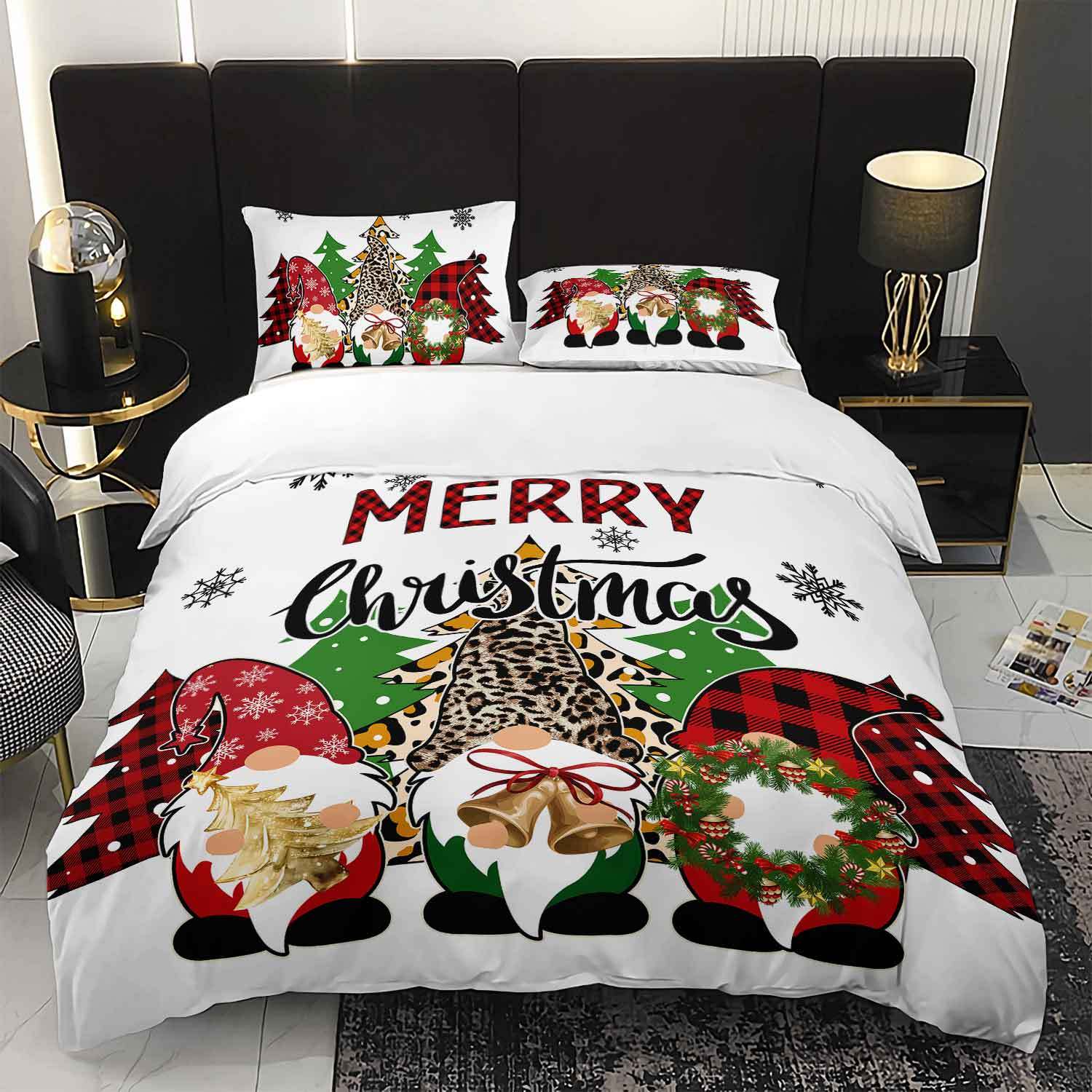3pcs Christmas Gnome Plaid Bedding Duvet Cover Set Merry Christmas Gnome Bedding Quilt Set Christmas Themed Bed Quilt Set Winter (135x200cm)