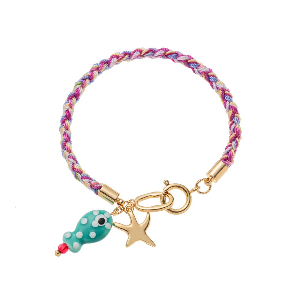 18K gold-plated stainless steel fish and starfish charm colorful woven rope bracelet, summer beach bohemian women's jewelry