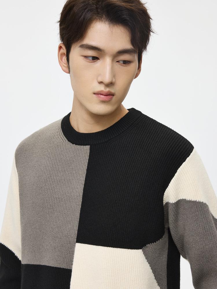 WOOG2005 Men's Color Block Patchwork Round Neck Sweater - 2025 Autumn/Winter Loose Casual Knitwear