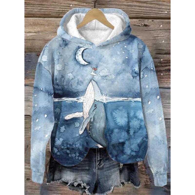 Womens Casual Hooded Sweatshirt With 3D Printed Graphic Long Sleeve Loose Fit Pullover