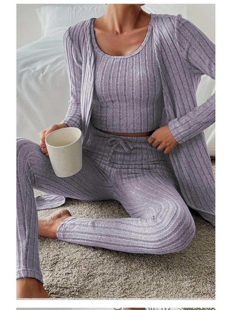 Nieuwe Stijlvolle Ronde Hals Geribbelde Effen Kleur Dames Driekwart Set