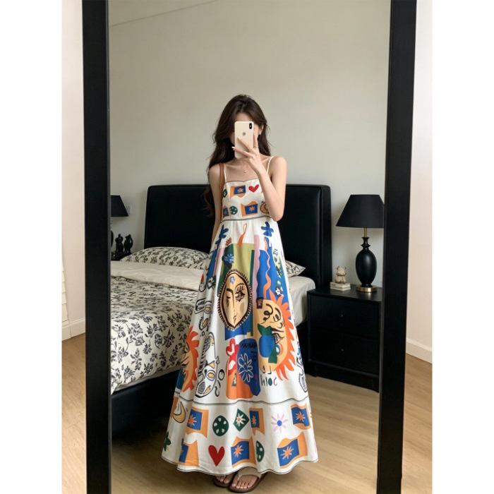 Large size Korean dopamine style color printed suspender dress women's summer vacation style small big swing dress