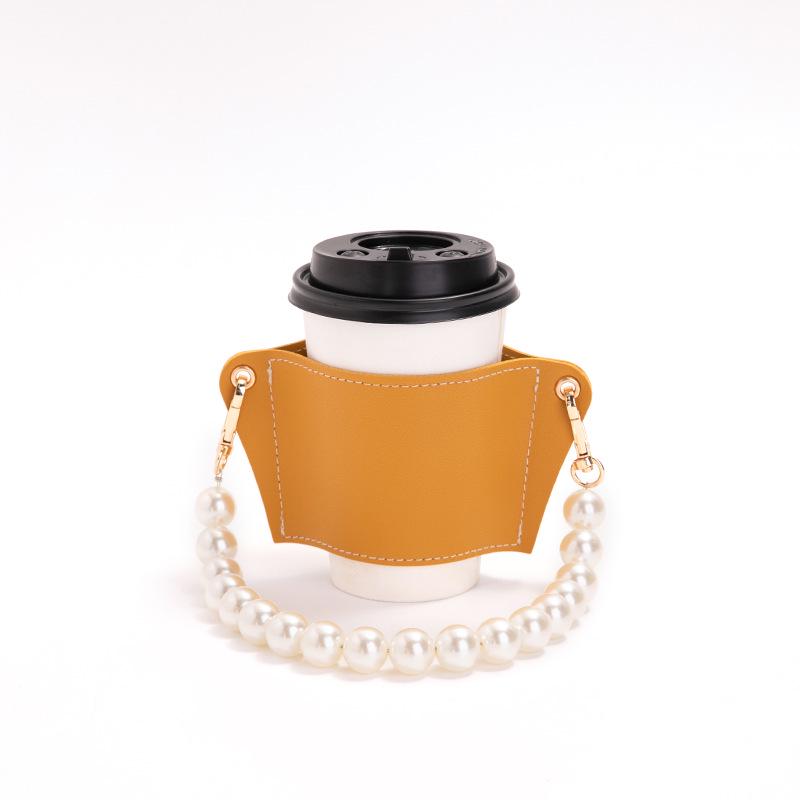 Husă portabilă din piele PU rezistentă la căldură pentru ceașcă de ceai și cafea cu lanț de perle detașabil