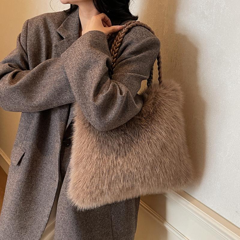 Women Fashion Plush Shoulder Bag Solid Color Woven Strap Large Capacity Soft Material Lightweight Daily Commute Handbag KTB