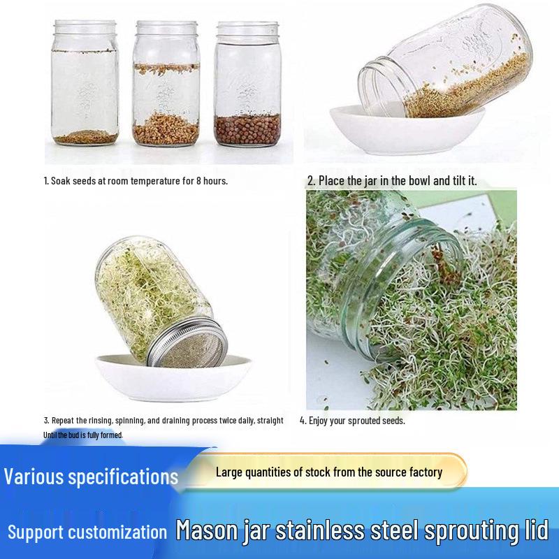 Pokrywki do kiełkowania ze stali nierdzewnej 304 do słoików Mason, 70/86 mm, Zestaw dwuczęściowy