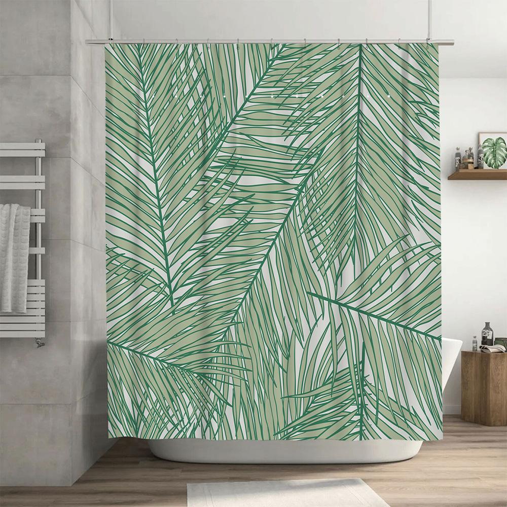 Green Palm Leaf Print Shower Curtain Waterproof Home Decor Bathroom Decorative Bath Curtains Green 250X180Cm (White Background)