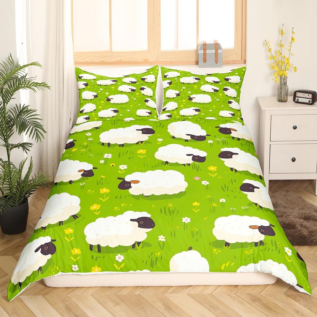 Cute Sheep Duvet Cover King Queen Funny Animal Floral Bedding Set Kids Cartoon Farm Animal Comforter Cover Polyester Quilt Cover