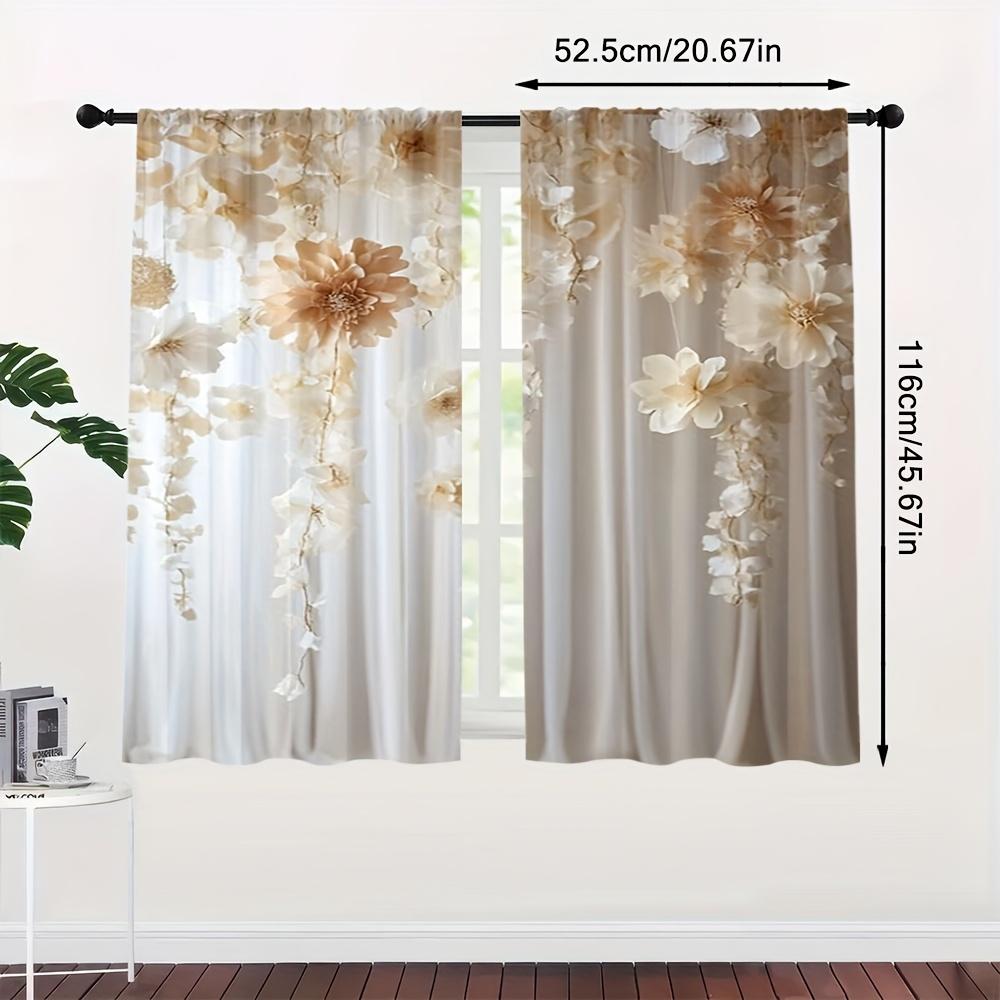2Pcs Elegant White Rose Print Sheer Curtains With Rod Pocket – For Bedroom, Living Room & Kitchen