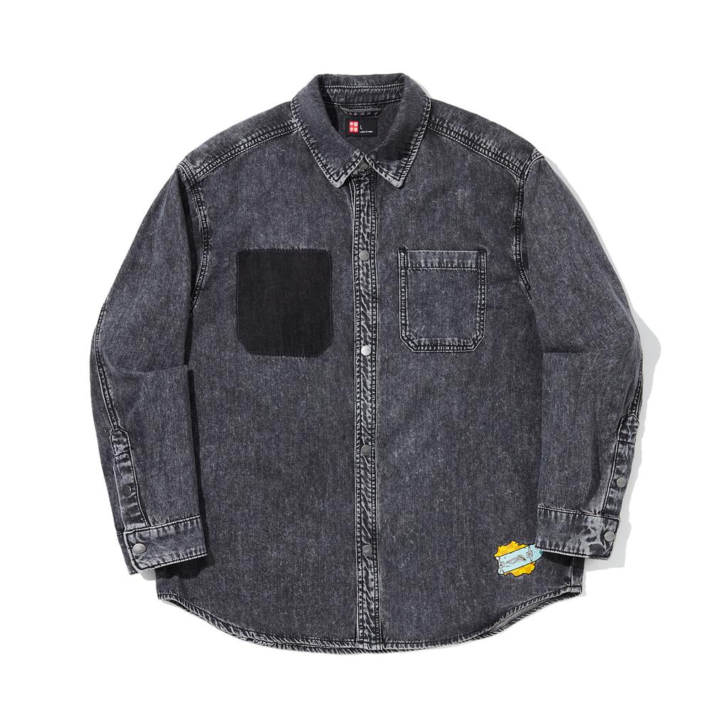 Li Ning Skateboard Series Letter Button Placket Denim Long Sleeve Shirt Men Shirts Black ASHU519-4