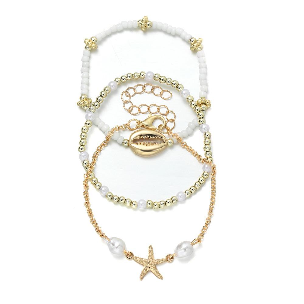 

Bohemian Shell Charm Bracelet 3Pcs/Set Multi-Layer Bracelet Vintage Pearl Beads Anklet for Women золотий