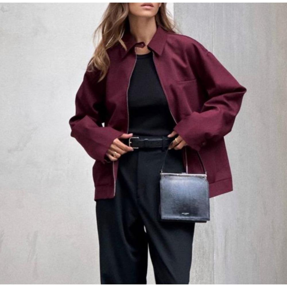 VAYLA Women Vintage Loose Lapel Jacket Burgundy Color Zipper Jacket New  Autumn Stylish Versatile Casual Jacket