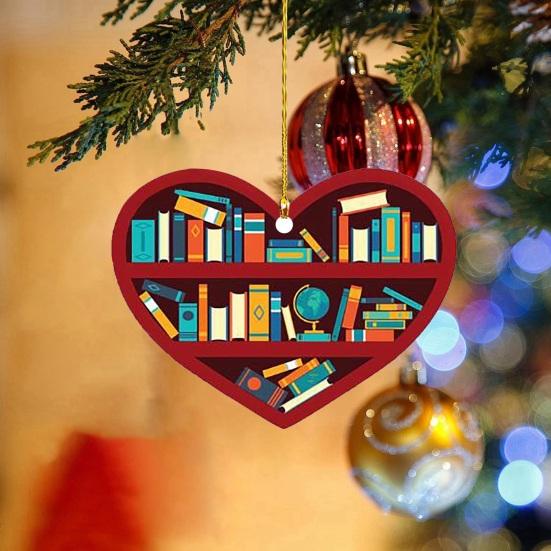 Heart Shaped Christmas Ornament Acrylic Bookshelf Xmas Tree Hanging Decorations 2D Flat Printed Book Gifts for Book Lovers