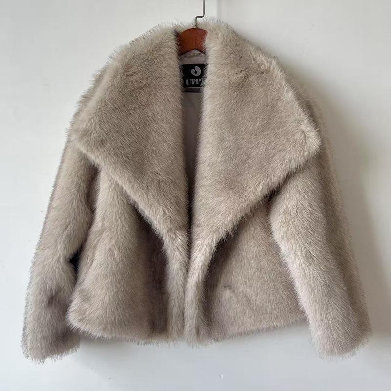 Women's Turn Down Collar Long Sleeve Faux Fur Coat Loose Fit Casual Winter Jacket