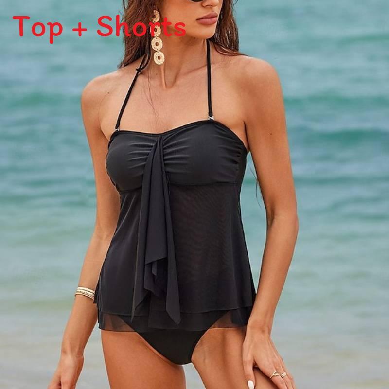 Womens Black Polyester Mesh Spliced Strapless Bikini For Swimming Water Sports