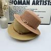 ins wind knitted Panama hat metal buckle belt decorative flat top top hat spring and summer sun protection breathable lady jazz hat