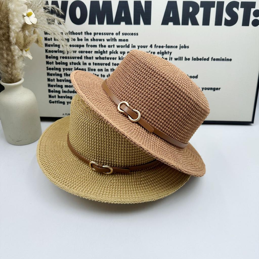 ins wind knitted Panama hat metal buckle belt decorative flat top top hat spring and summer sun protection breathable lady jazz hat