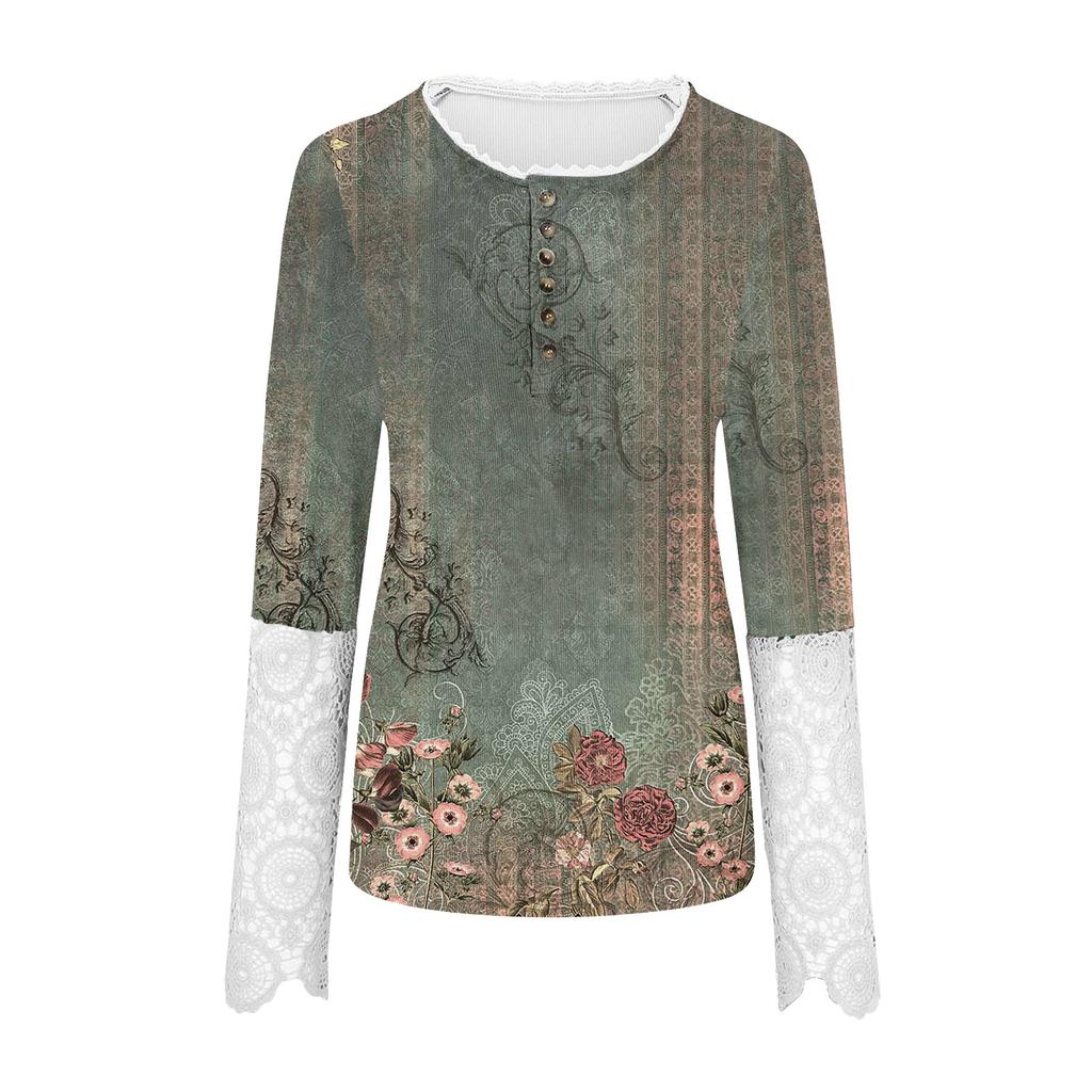 Women's Round Neckline With Buttons Slim Soild Printed Stitching Lace Long Sleeve Top