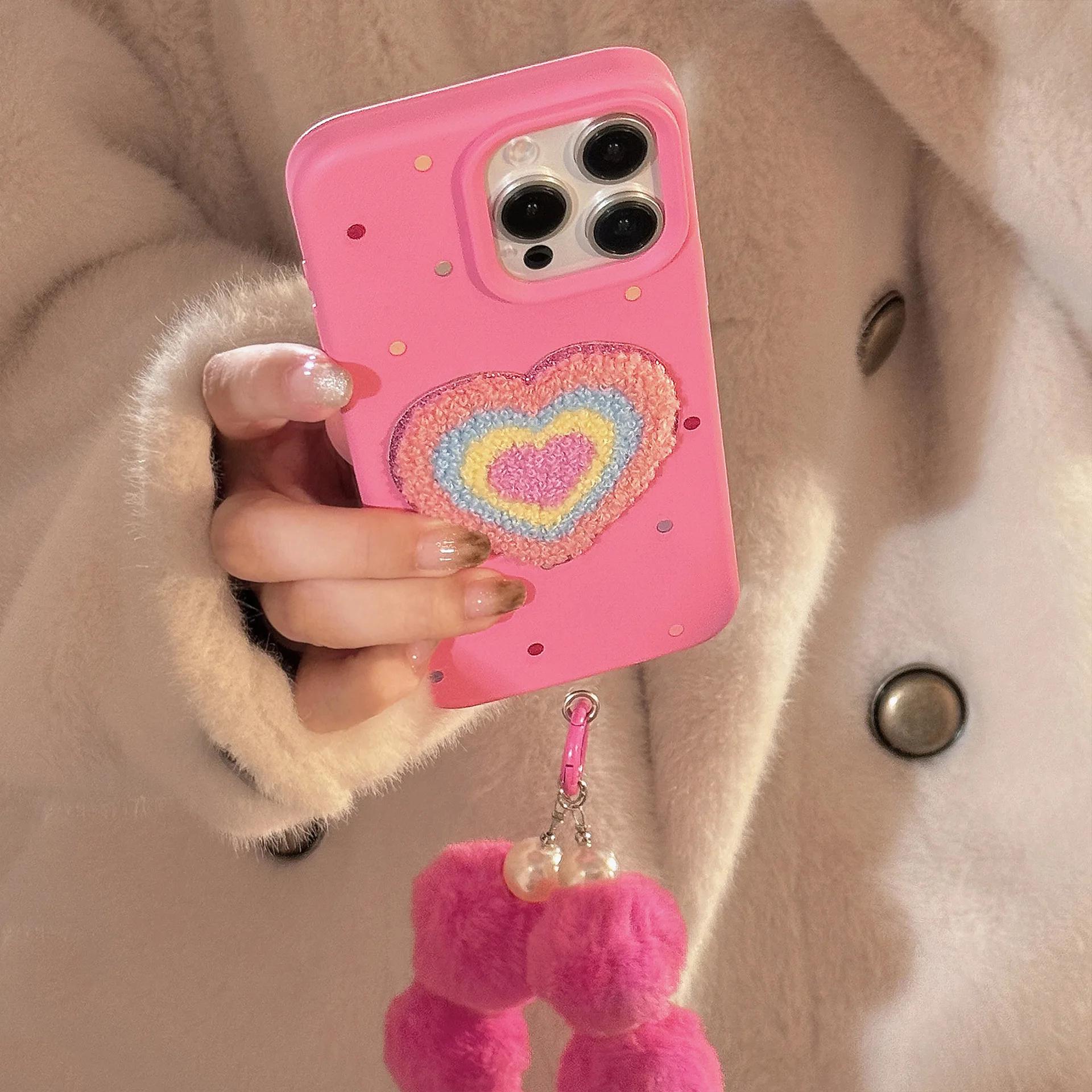 

Корейский цветной чехол для телефона с горошком и сердцем для iPhone 17 16 15 13 14 11 12 Pro Max с браслетом, противоударный, мягкая крышка iPhone 15
