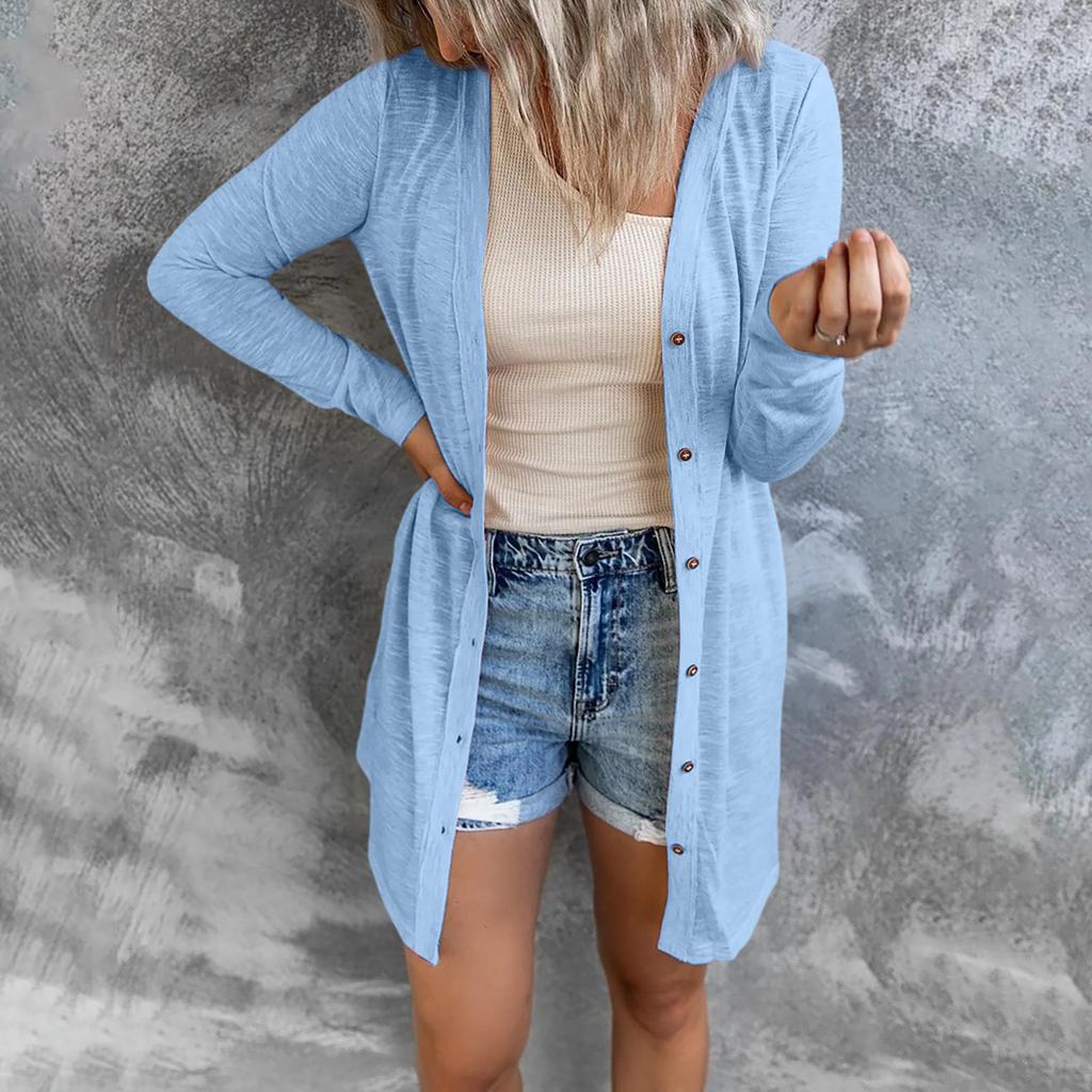 Women Long Sleeve Button Front Cardigan Mid Length Open Front Knit Sweater Lightweight Casual Outerwear