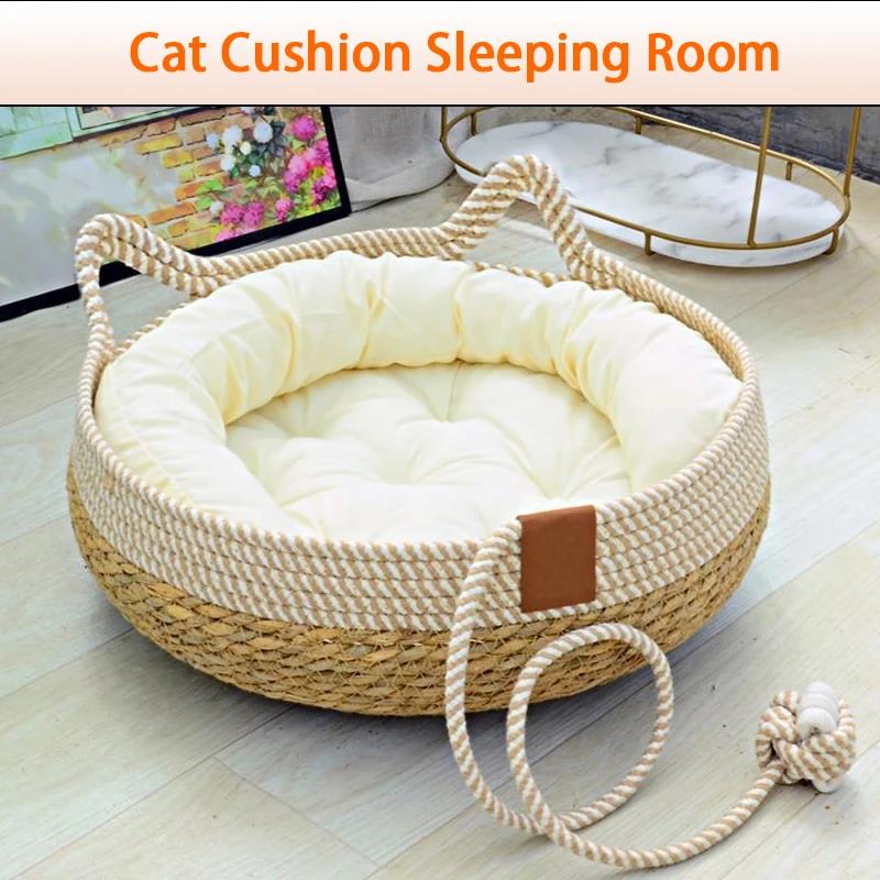 Woven Four Seasons Cat Bed Removable Upholstery Sleeping House Cat Scratch Floor Rattan Wear-resistant Washable Cat Pet Supplies