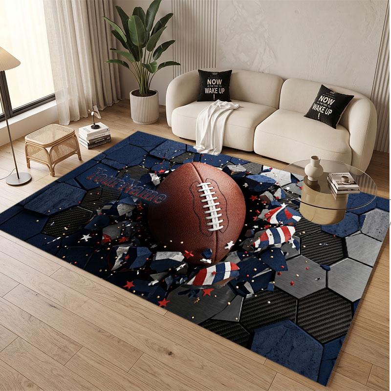 American Football Theme Soft Crystal Velvet Rug Custom Name & Text Print Non Slip Floor Rug for Bedroom Living Room