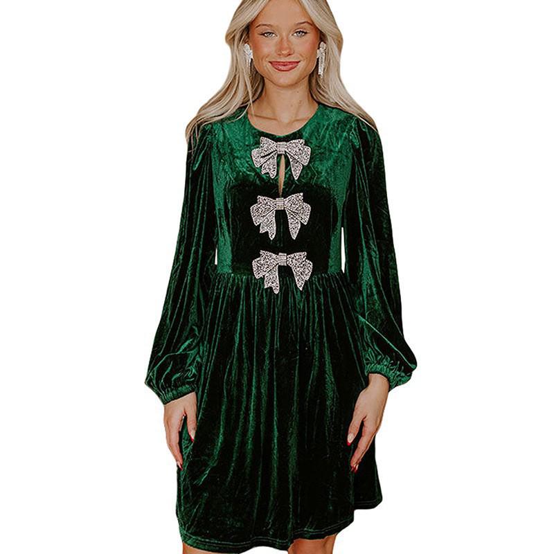 

Elegant Bowknot Patchwork Velvet Long Sleeve Pullover Dress for Women - Autumn European & American Style Small