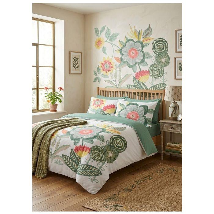 Parure de lit - EDEN - Cassie fleurie - 220 x 240 cm - 100% coton - Motif fleuri vert