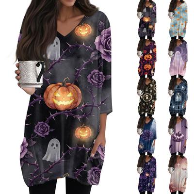 Women's Halloween Print V-Neck Casual Top with Pockets Three-Quarter Sleeves, Mid Length