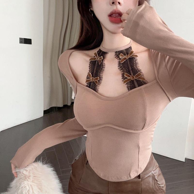 2KWEIRD Square Collar Long Sleeve Bottoming Women Tees Sweet Y2k Aesthetic Bow Sexy Lace Crop Top Japanese Chic Fashion Slim T-Shirts