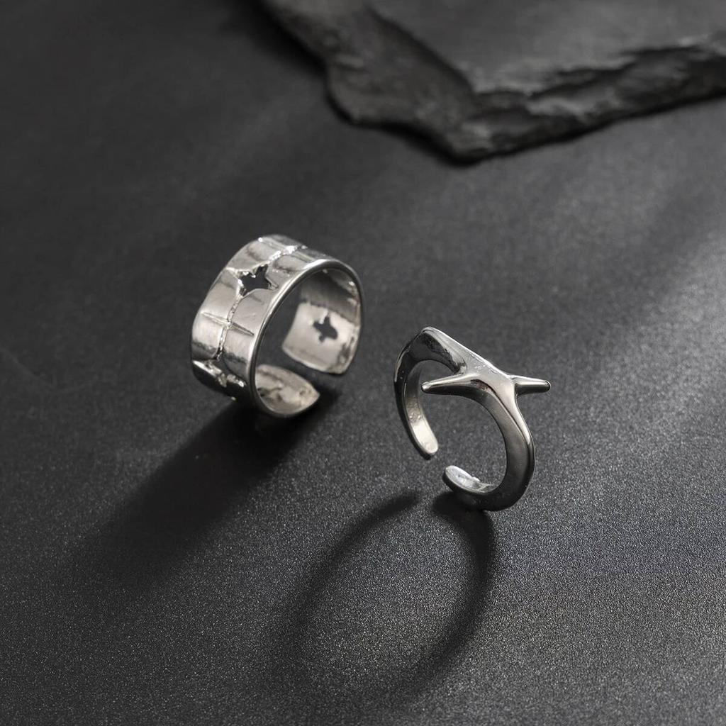 SHIXIN Lot de 2 Anneaux Ouverts Réglables Étoiles Irrégulières Hip Hop pour Hommes Anneau de Phalange Géométrique Creux Punk Bijoux de Rue Cadeaux