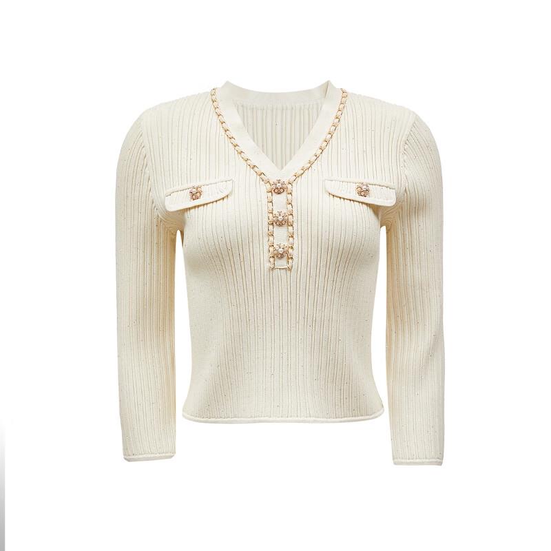 Veromoda 2025 Spring V-Neck Knit Top with Chain & Sequins