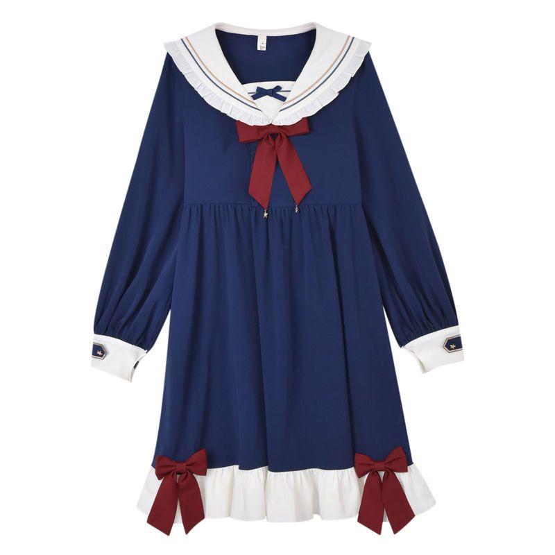 

Весенне-осеннее женское платье, однотонное платье с длинными рукавами, свободное универсальное платье, модное дизайнерское платье XL темно-синий