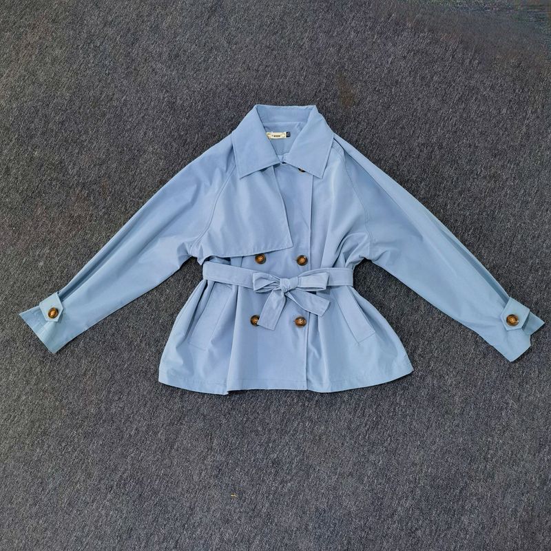 

2024 Осень Новая Корейская Мода Повседневный Универсальный Приталенный Укороченный Тренч Верхняя одежда Женский Топ Мода Haze Blue M