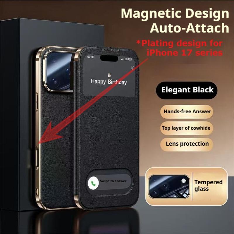 Magnetische Echtleder-Hülle für iPhone 16 Pro Max 17 15 Plus 14 13 12 11 Xs Xr 8 mit Fensteransicht Brieftaschen-Cover Kostenlose Antwort