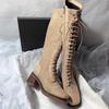 Fashion Block Heel High Boots Autumn New Square Toe Spliced Front Lace-Up Side Brushed Anti-Slip Wear-Resistant Single Boots