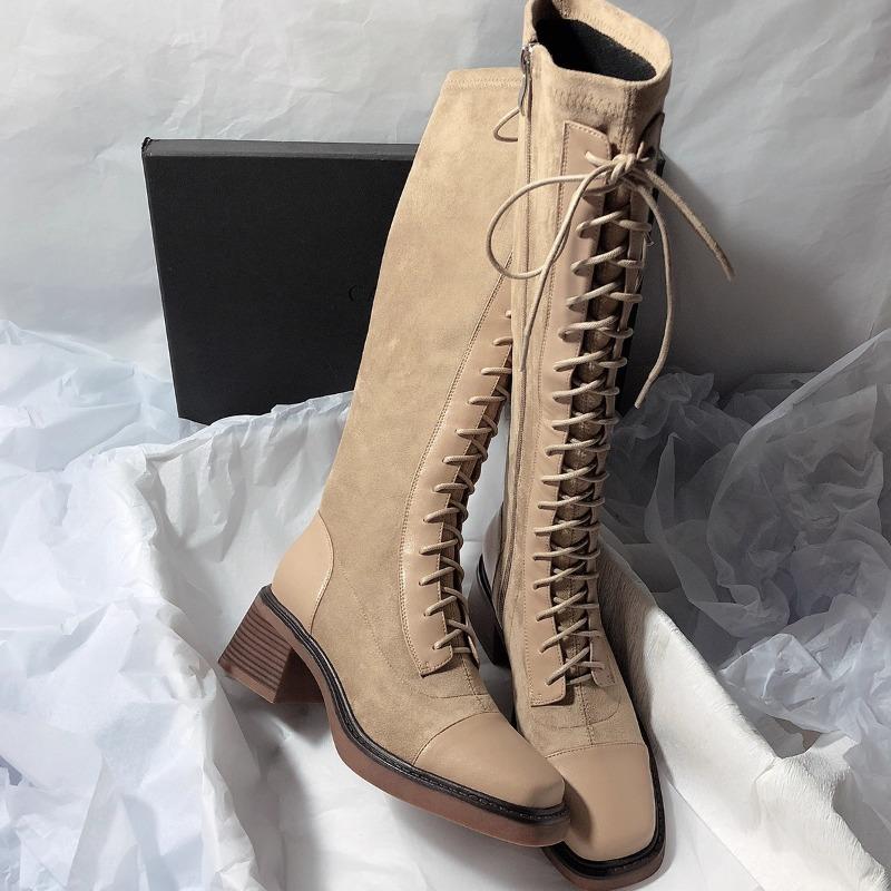 Fashion Block Heel High Boots Autumn New Square Toe Spliced Front Lace-Up Side Brushed Anti-Slip Wear-Resistant Single Boots
