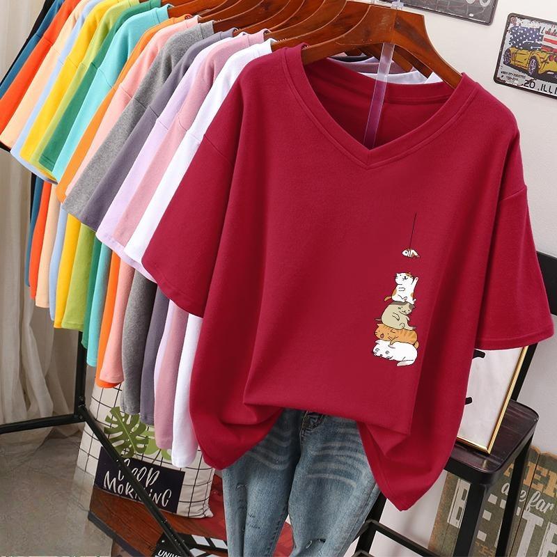 Short-sleeved T-shirt for Women, Large Size, Loose and Slimming, Printed V-neck Top