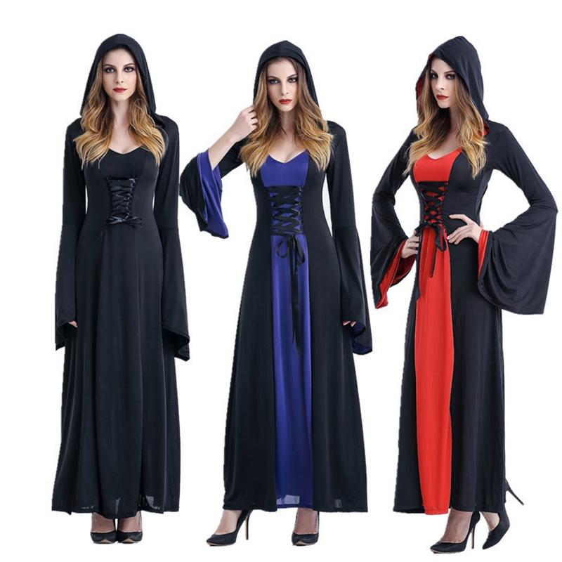 Enchanting Women Gothic Hooded Witch Wizard Dress With Flared Sleeves And Lace Up Design