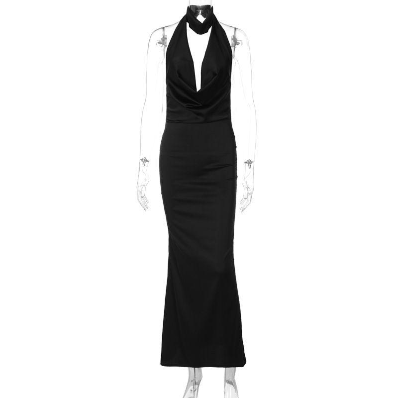 

V-neck Hanging Neck Backless Dressv Collar Hanging Neck Large Backless Satin Dress Black L