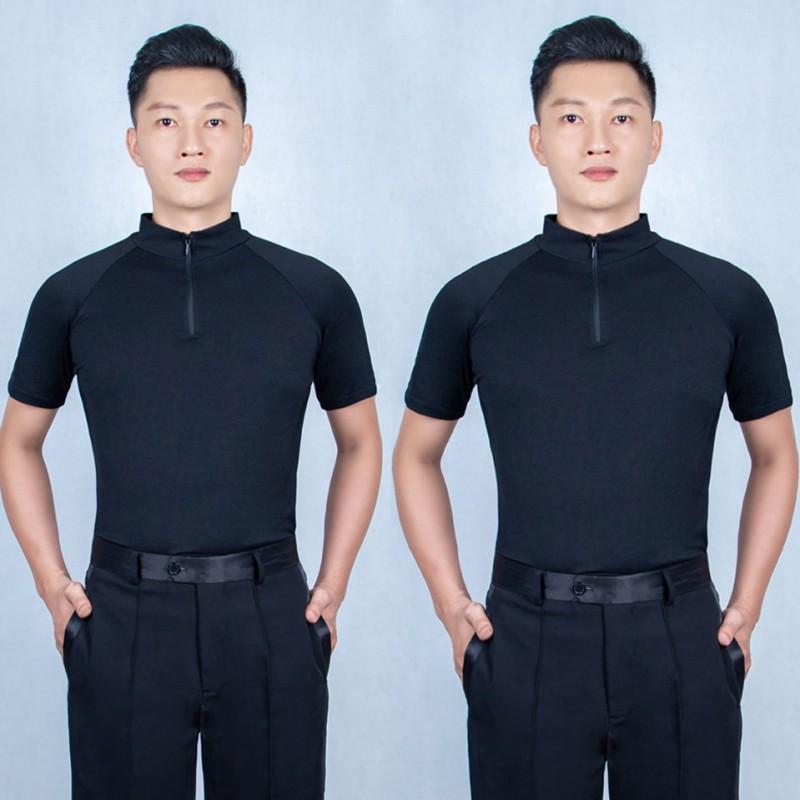 Mens Latin Dance Practice Top Short Sleeve Stand Collar Insert Shoulder Performance Shirt Ballroom Salsa Bachata