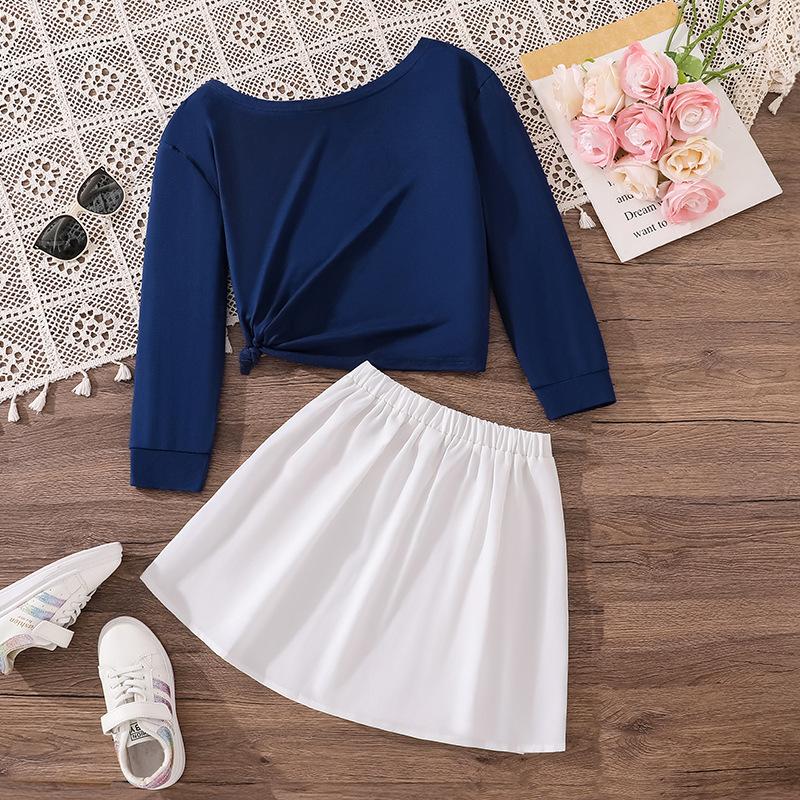 Flickors Höst Ny Lös Hot Girl Asymmetrisk Axel Långärmad T-shirt Casual Plisserad Kjol Tvådelat Set