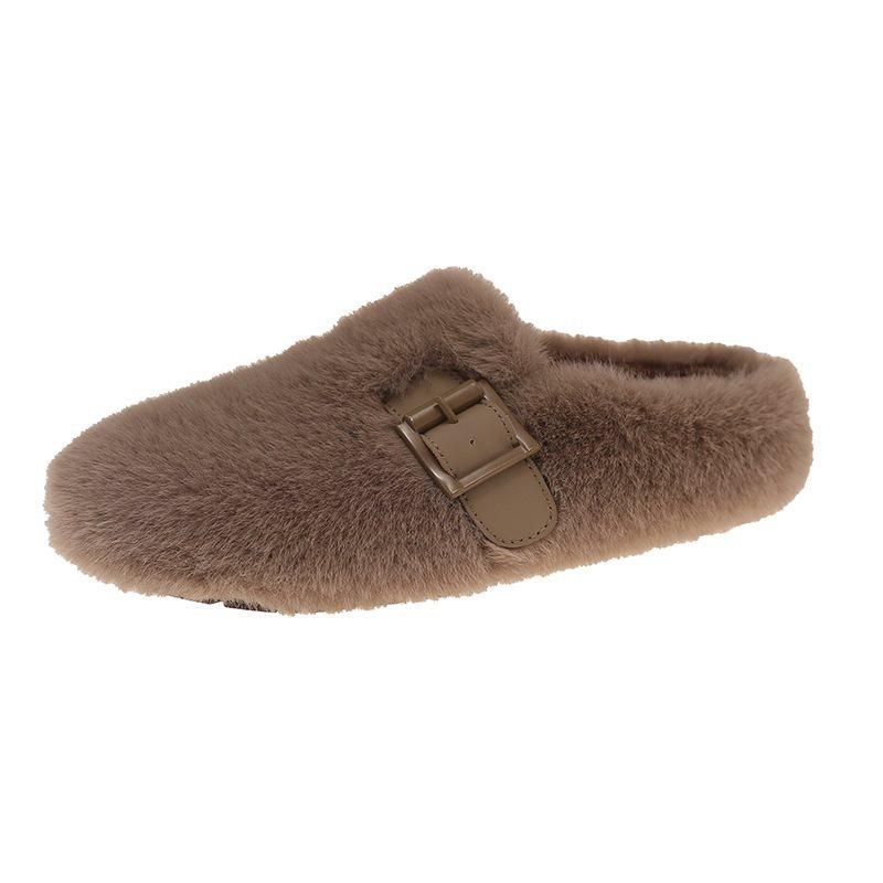 One Pedal Velvet Autumn and Winter 2025 Flat-bottomed Fluffy Slippers for Women To Wear the New Giant Mary Jane Cotton Drag French Style Looks Good