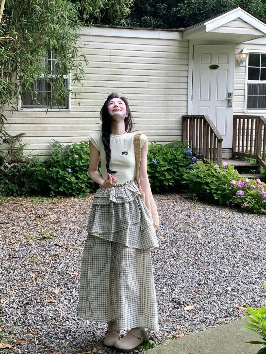 Korean Style Patchwork Plaid Summer Dress - Women s 2026 Multi-Layered Slit Skirt Double Extra Large абрикосовый