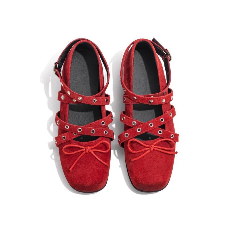 The owner's own version~ Red cross-strap bow small single shoes women's new shallow rivet flat-soled ballet shoes
